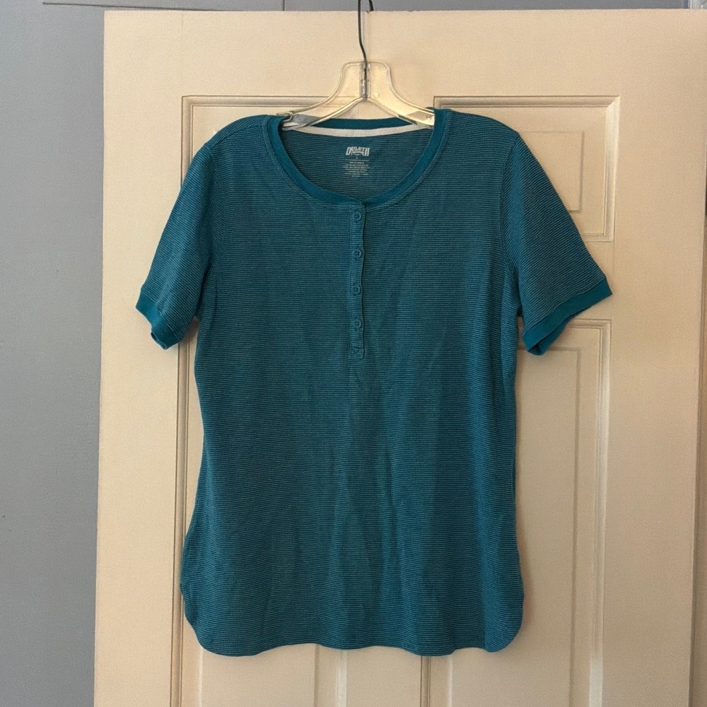 Duluth Trading Performance Micro Waffle Henley Top Womens L Blue Casual